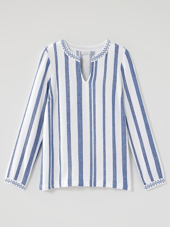 J JILL NWT M Pure Jill Embroidered Striped Top Cotton Blouse White Blue Yonder - Picture 8 of 14